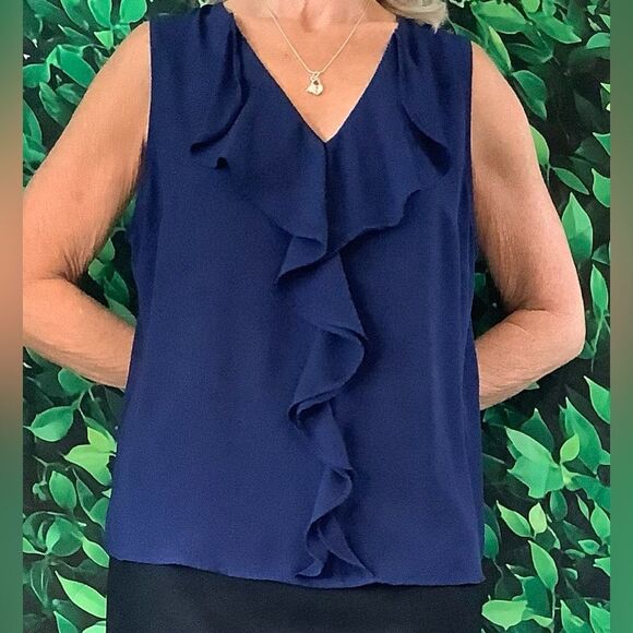 💙 White House Black Market Royal Blue Sleeveless Flounce Blouse – Size L - Picture 4 of 6
